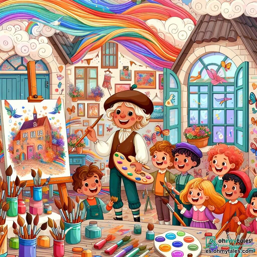 Une illustration destinée aux enfants représentant un artiste passionné de peinture, un groupe d'enfants curieux et joyeux, et un studio coloré rempli de pinceaux, toiles et couleurs éclatantes se déroulant dans la petite ville de Pintalinda.