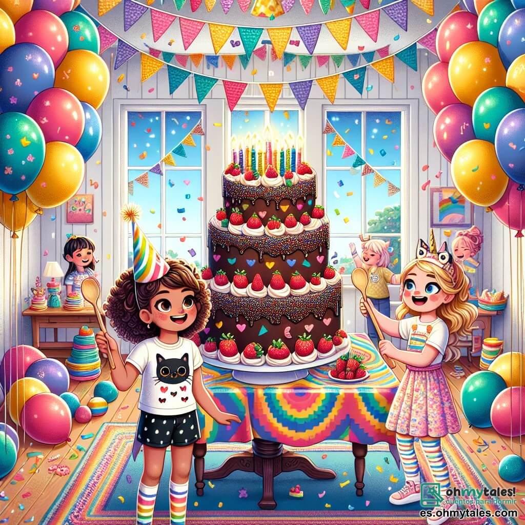 Ilustración que representa una sala de fiesta colorida, llena de globos flotantes en tonos vivos de rojo, azul y amarillo. Las paredes están decoradas con banderines de arcoíris y guirnaldas brillantes, creando una atmósfera alegre y festiva. En el centro de la habitación, una gran mesa está cubierta con un mantel de patrones alegres, sobre el cual descansa una hermosa tarta de chocolate, decorada con fresas y velas brillantes. Dos niñas de ocho años están en primer plano. Una de ellas, con cabello rizado castaño y una camiseta con motivos de gatos, sonríe entusiasmada sosteniendo una gran cuchara de madera, lista para cortar la tarta. La otra, con cabello rubio y un sombrero de unicornio, ríe alegremente, con los brazos levantados en señal de celebración. La escena captura el momento en que las dos amigas están a punto de compartir la tarta, rodeadas de risas y alegría. Confetis de colores flotan en el aire, y niños al fondo juegan, sumando a la atmósfera festiva. Un rayo de sol entra por la ventana, iluminando la habitación y acentuando el ambiente de felicidad y amistad.