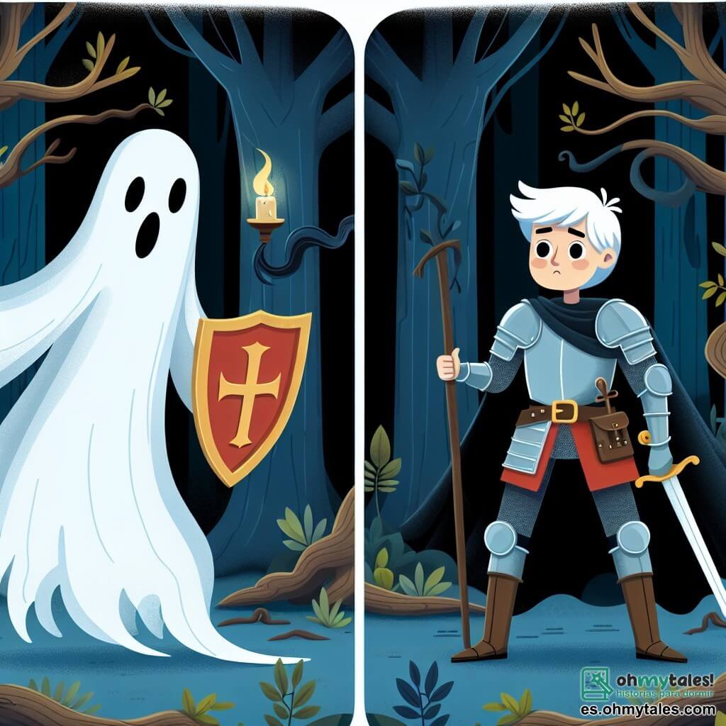 Une illustration destinée aux enfants représentant un courageux chevalier affrontant une maléfique maldición aux côtés d'un mystérieux esprit du bois, dans le sombre et mystérieux Bosque Encantado de Castillonia.