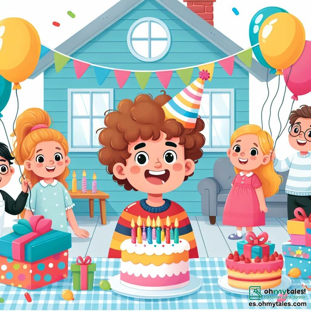 Une illustration destinée aux enfants représentant un joyeux garçon aux rizos rebeldes, entouré de sa famille et de son meilleur ami, célébrant son anniversaire dans une maison colorée avec des ballons et une table décorée de gâteaux et de cadeaux.
