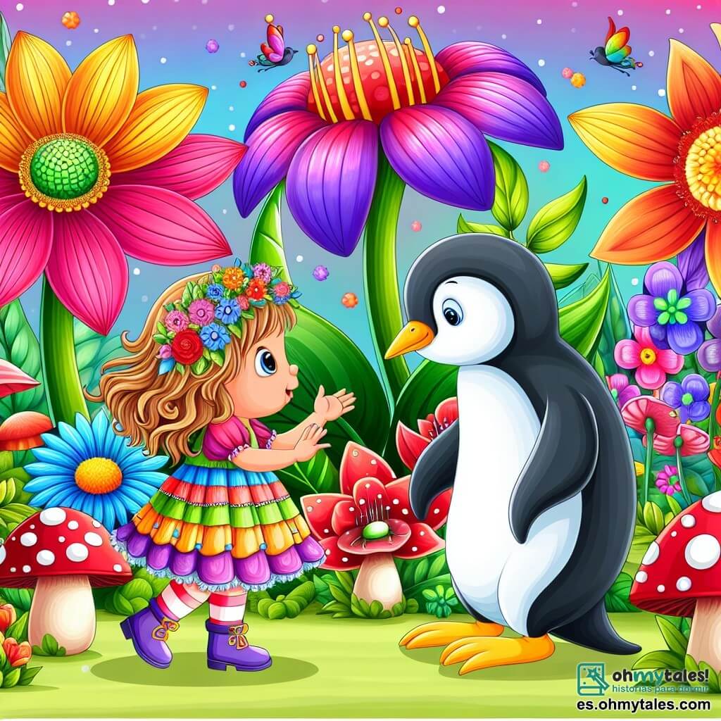 Une illustration destinée aux enfants représentant une petite fille aux cheveux en bataille, vêtue d'une robe multicolore, se retrouvant nez à nez avec un pingouin parlant, dans un jardin enchanté rempli de fleurs géantes aux couleurs vives et de champignons dansants.