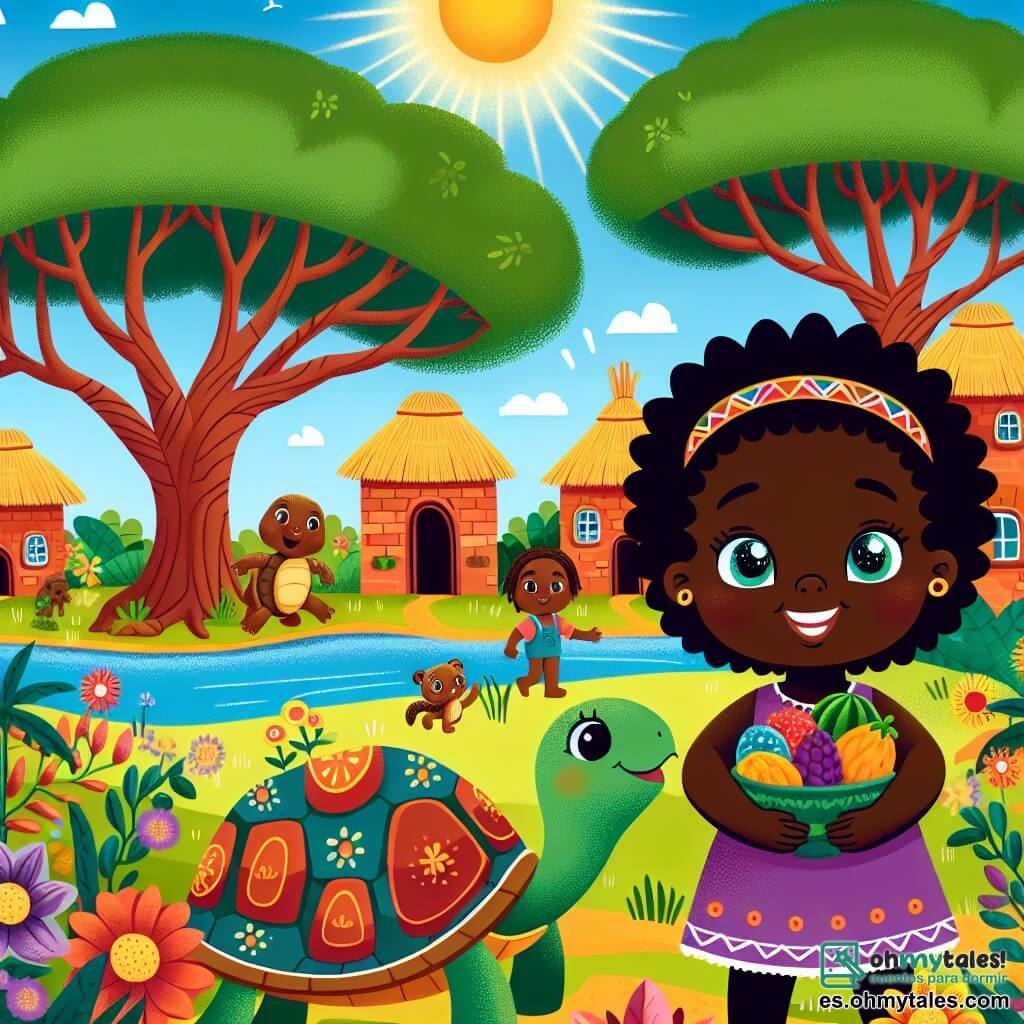 Une illustration sous forme de dessin destinée aux enfants représentant une scène vibrante d'un village africain ensoleillé, avec des maisons en terre cuite et des arbres majestueux en arrière-plan ; une femme au sourire éclatant, aux yeux pétillants et à la peau dorée, se tient au centre, tenant des fruits colorés dans ses bras, tandis qu'à ses côtés, une tortue amicale avec une carapace ornée de motifs colorés l'observe avec curiosité, alors qu'ils se préparent à partir à l'aventure pour sauver le fleuve asséché, entourés de fleurs éclatantes et d'animaux curieux qui les encouragent.