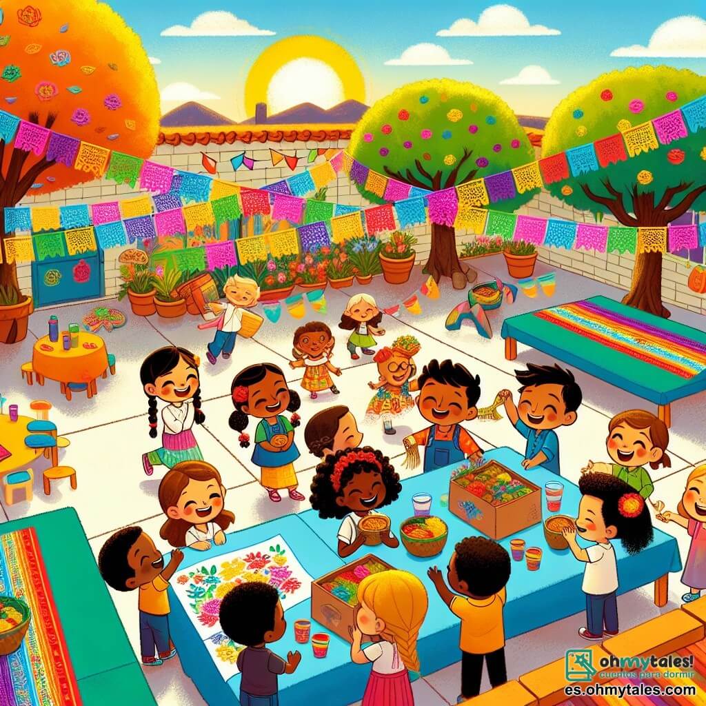 Ilustración que representa un gran patio de escuela soleado, lleno de mesas coloridas decoradas con manteles vivos. Árboles frondosos rodean el espacio y guirnaldas de papel multicolor flotan al viento. En el centro, un grupo de niños se reúne alegremente alrededor de una gran manta en el suelo. Un niño de 8 años, con piel morena y gorra roja, sonríe sosteniendo una caja de tamales, listo para compartir. A su lado, una niña de 7 años, con trenzas doradas y piel clara, sostiene un micrófono de juguete, lista para cantar una canción. Otra niña de 9 años, con cabello rizado y piel caramelo, muestra orgullosamente un dibujo colorido de su país, lleno de montañas y flores. La escena captura el espíritu de compartir y celebrar la diversidad, con risas y sonrisas en los rostros de los niños. Al fondo, globos de colores flotan y otros niños bailan alegremente, creando una atmósfera festiva y amigable.