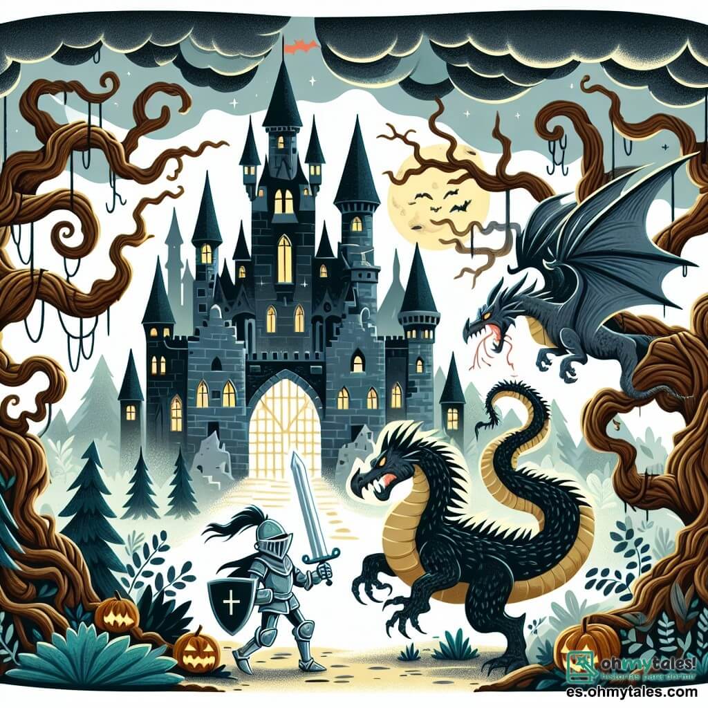Une illustration destinée aux enfants représentant un courageux chevalier affrontant une maléfique sorcière dans un sombre château entouré d'arbres tordus et de brumes épaisses, accompagné de son fidèle dragon aux écailles scintillantes.