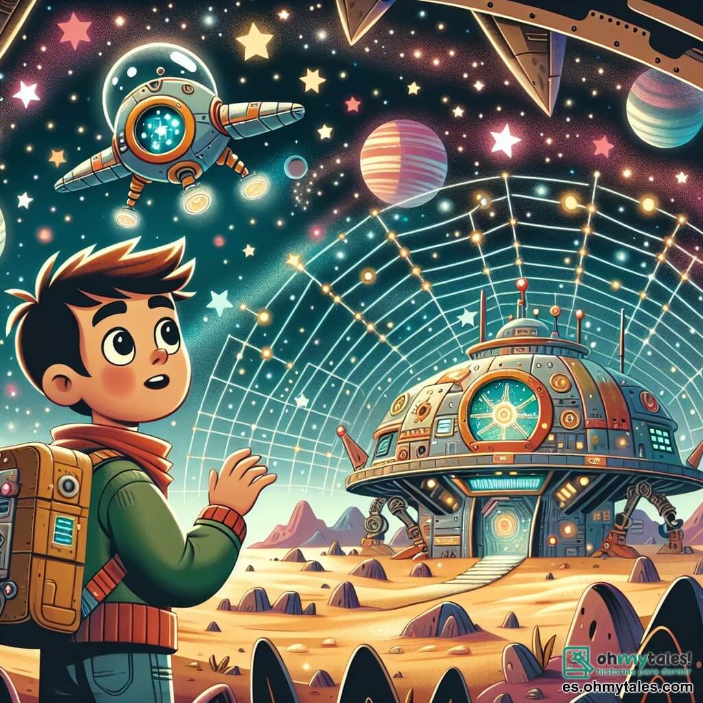 Une illustration destinée aux enfants représentant un jeune homme courageux explorant une mystérieuse station spatiale ancienne avec l'aide d'un robot volant, située dans un univers infini rempli d'étoiles scintillantes et de planètes colorées.