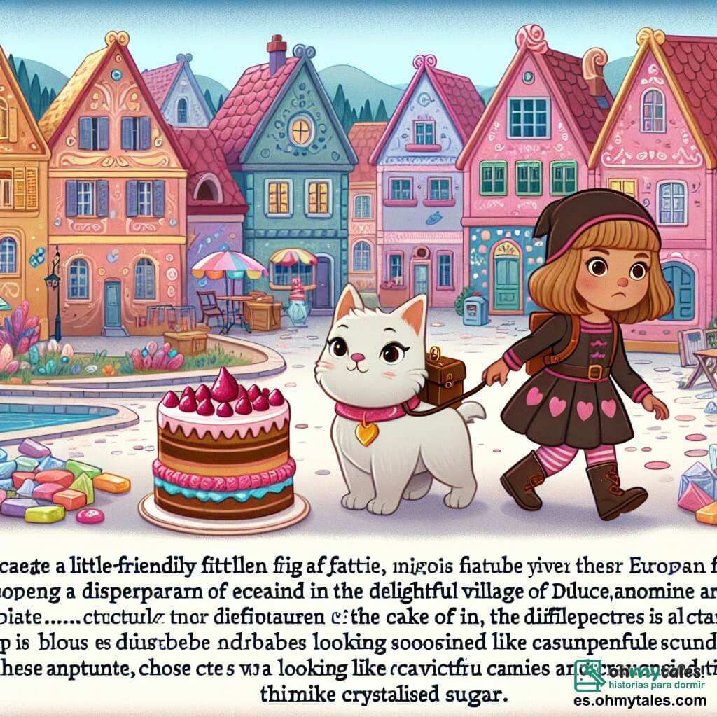 Une illustration destinée aux enfants représentant une petite fille courageuse, accompagnée de son fidèle ami, enquêtant sur la disparition d'un délicieux gâteau dans le charmant village de Dulcearoma, où les maisons ressemblent à des bonbons colorés et les rues brillent comme du sucre cristallisé.