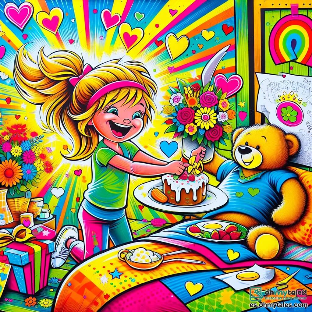 Une illustration destinée aux enfants représentant une fillette pleine d'énergie préparant un délicieux petit-déjeuner surprise pour sa maman endormie, avec la présence complice de son ourson en peluche, dans une chambre remplie de couleurs vives, de fleurs en papier et de cœurs dessinés sur les murs.