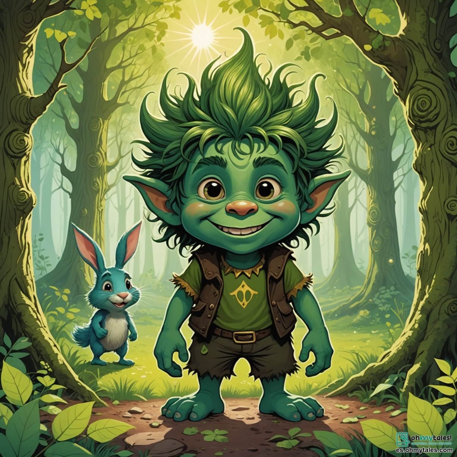 Une illustration destinée aux enfants représentant un jeune troll au visage espiègle et aux yeux pétillants, avec une peau verte éclatante et des cheveux en désordre, se tenant au bord d'une source scintillante au cœur d'un forêt enchantée, où les arbres majestueux aux troncs noueux s'élèvent vers le ciel, leurs feuilles d'un vert éclatant filtrant les rayons dorés du soleil, tandis qu'un petit lapin aux grandes oreilles, compagnon fidèle et curieux, l'observe avec des yeux brillants, alors qu'il se prépare à partir à l'aventure pour découvrir qui il est vraiment.