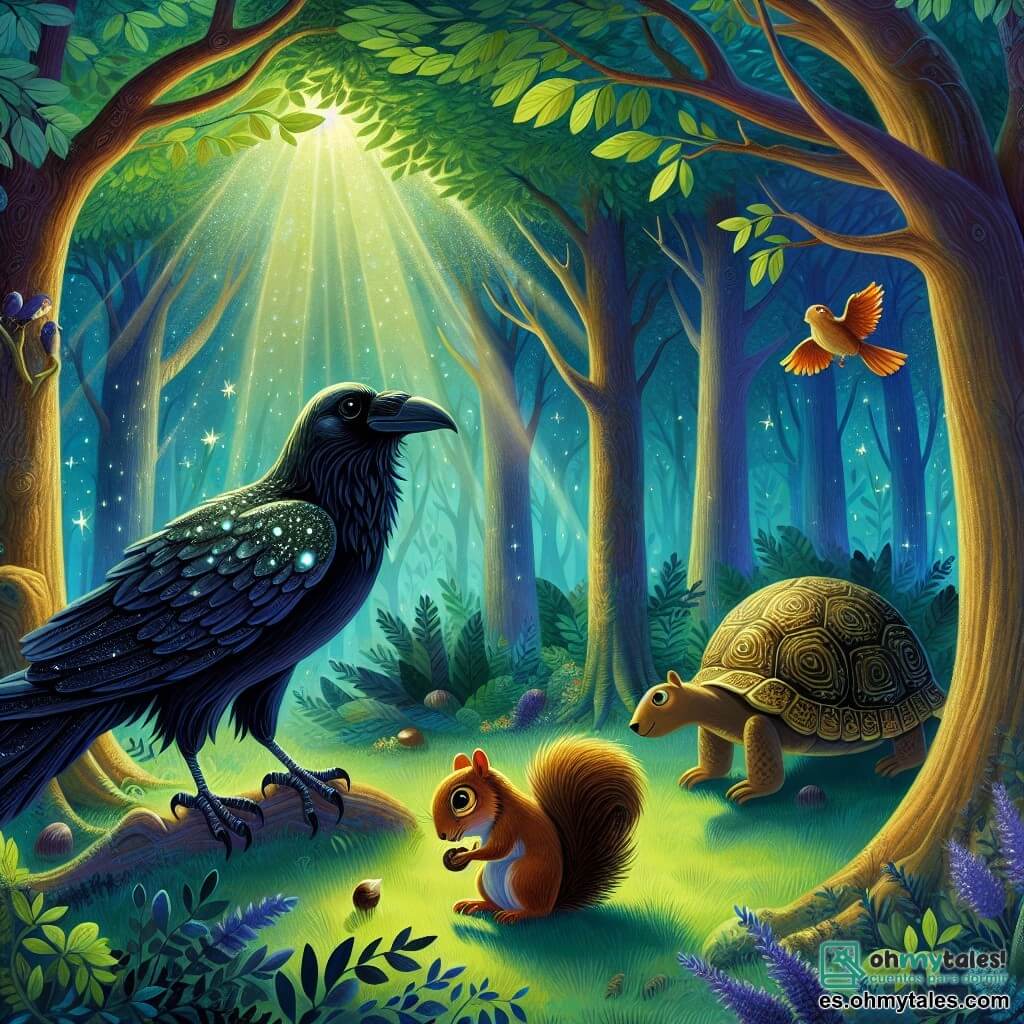 Illustration destinée aux enfants représentant une scène enchantée dans un forêt verdoyante, où de grands arbres aux feuilles éclatantes dansent au gré du vent, et un doux rayon de soleil filtre à travers les branches. Au premier plan, un corbeau majestueux aux plumes noires scintillantes comme des étoiles, se tient sur une branche, regardant avec curiosité une petite ardille aux yeux pétillants, au pelage brun doré, qui semble triste en cherchant sa précieuse noix perdue. En arrière-plan, une tortue sage avec une carapace ornée de motifs délicats avance lentement, offrant des conseils avec un sourire bienveillant. La scène capture l'instant où le corbeau et l'ardille unissent leurs forces pour retrouver la noix, symbolisant l'amitié et l'entraide dans ce monde magique.
