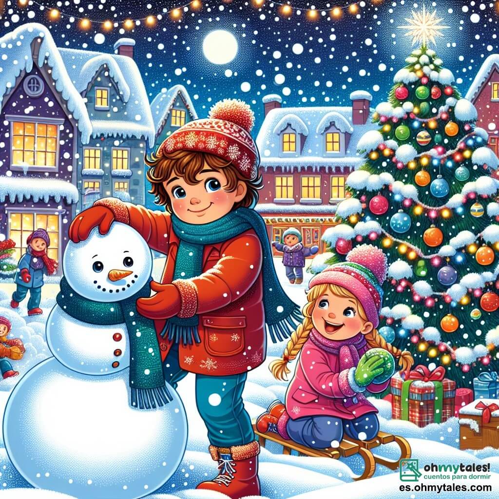 Ilustración que representa un encantador pueblo nevado, con casas coloridas y techos cubiertos de nieve brillante. En el centro, un gran abeto de Navidad decorado con guirnaldas luminosas y bolas de colores ilumina la escena. Un niño de 11 años, con cabello castaño y rizado, lleva un abrigo rojo brillante y una bufanda azul. Está moldeando una gran bola de nieve para construir un majestuoso muñeco de nieve, con una gran sonrisa en su rostro. A su lado, su hermana pequeña, una niña de 6 años, con cabello rubio y trenzado, lleva un abrigo rosa y guantes de colores. Ella ríe mientras lanza bolas de nieve hacia su hermano. Al fondo, copos de nieve caen suavemente, y otros niños se divierten deslizándose en trineos, creando una atmósfera alegre y festiva.