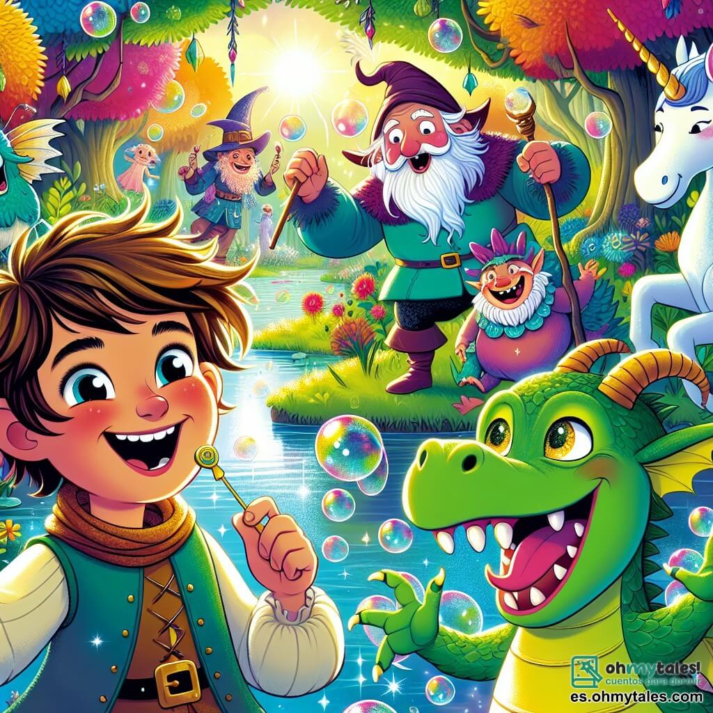 Une illustration sous forme de dessin destinée aux enfants représentant un royaume fantastique coloré, avec des arbres aux feuilles multicolores qui rient et un lac scintillant, où un garçon de 11 ans, aux cheveux ébouriffés et à la grande sourire, se tient joyeusement avec un petit dragon vert aux yeux pétillants qui fait des bulles, alors qu'ils se préparent à raconter des blagues à un groupe de créatures magiques, dont un ogre amusant avec un chapeau trop grand et un unicorn au cuerno tordu, tous riant ensemble dans une ambiance de fête joyeuse et ludique.