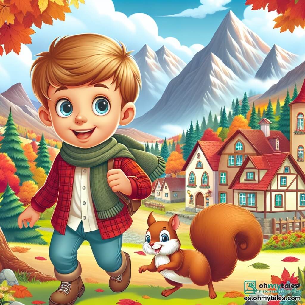 Une illustration destinée aux enfants représentant un jeune garçon curieux et aventurier, découvrant les merveilles de l'automne en explorant un village pittoresque entouré de montagnes colorées et de forêts enchantées, accompagné de son fidèle ami, un petit écureuil espiègle.
