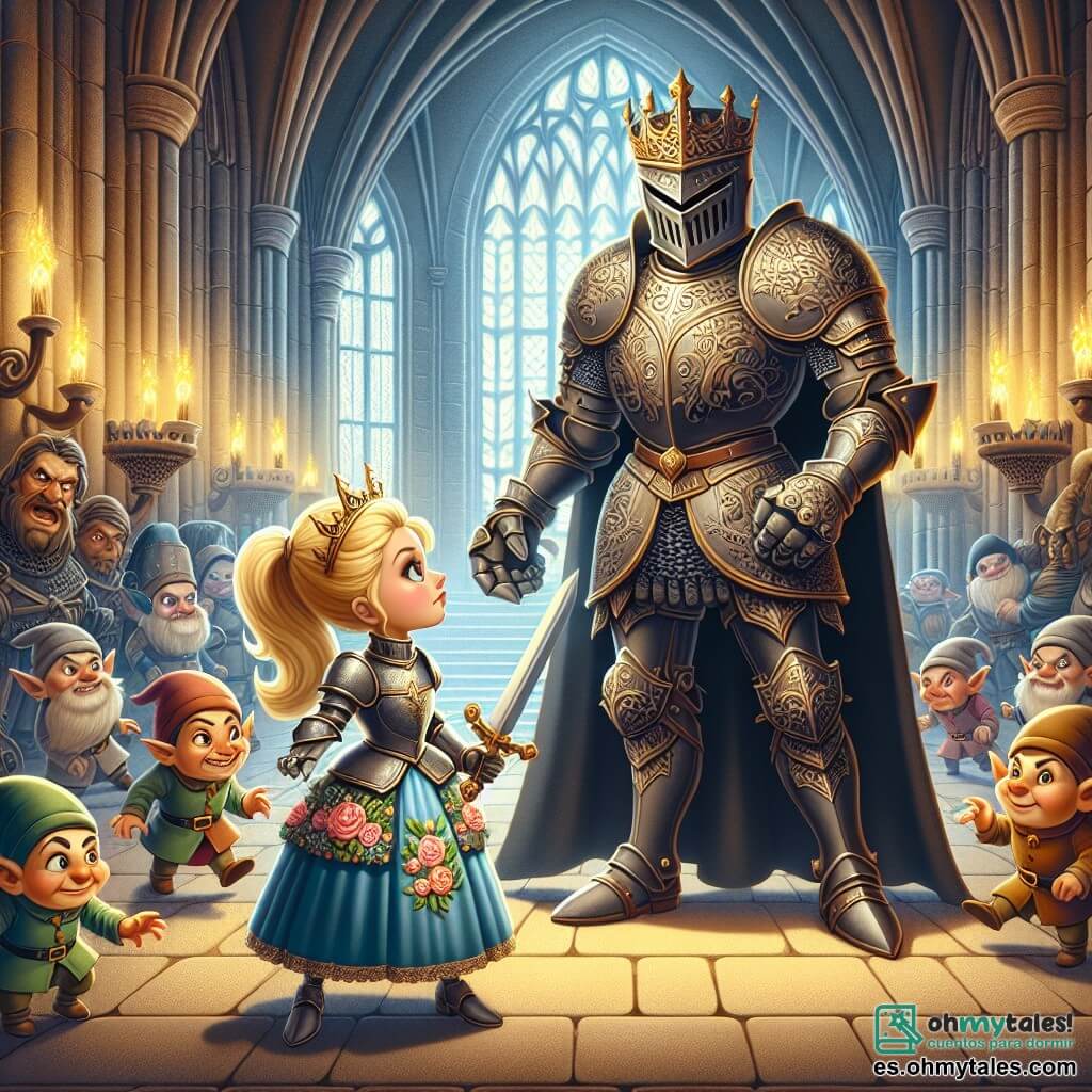 Une illustration sous forme de dessin destinée aux enfants représentant une grande salle sombre et majestueuse d'une forteresse médiévale, avec de hauts murs en pierre et des torches vacillantes illuminant l'espace, au centre de laquelle se tient une courageuse chevaleresse aux cheveux dorés, portant une armure brillante ornée de motifs de fleurs et de dragons, brandissant une épée avec détermination face à un seigneur maléfique, un homme grand et imposant avec une armure noire et un regard menaçant, tandis qu'un groupe de petits duendes espiègles, aux visages ronds et souriants, s'infiltre dans la salle pour distraire les gardes, illustrant le moment où la chevaleresse défie le tyran pour sauver son royaume.