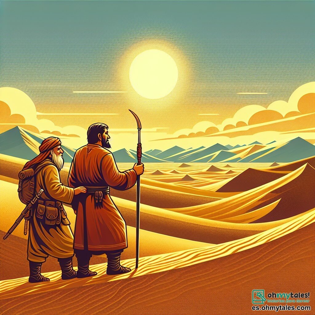 Une illustration destinée aux enfants représentant un intrépide aventurier, au cœur d'un désert mystérieux, accompagné d'un guide expérimenté, dans un paysage aride et infini où le soleil brûlant illumine les dunes de sable doré.