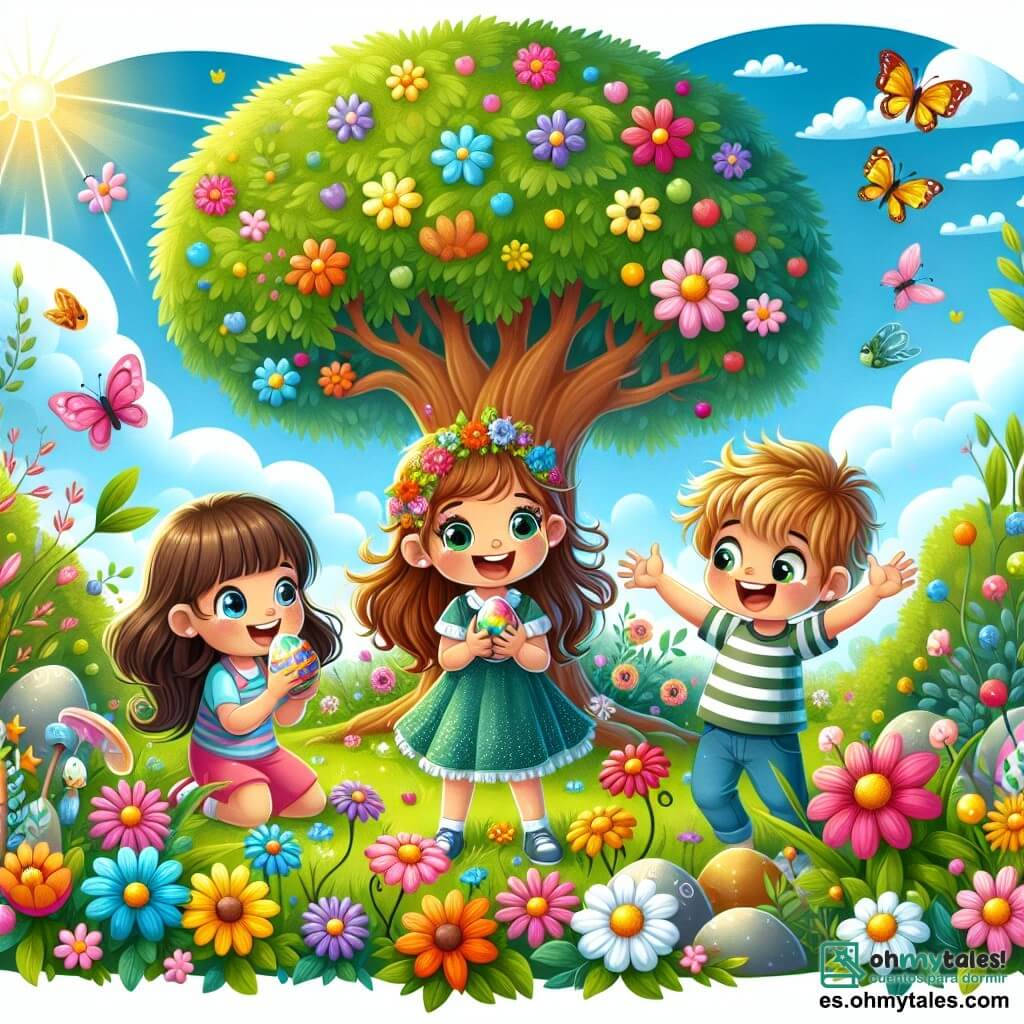 Ilustración que representa un jardín colorido, lleno de flores brillantes de colores vivos, pequeños árboles de hojas verdes y un cielo azul salpicado de nubes blancas y esponjosas. En el centro, una niña de unos 7 años, con largos cabellos castaños y ojos brillantes, sonríe alegremente mientras sostiene una flor colorida en sus manos. A su lado, un niño de 8 años, con el pelo rubio despeinado y una camiseta a rayas, ríe mostrando una piedra brillante que ha encontrado. Otro niño, una niña de 7 años, con cabello rizado y un vestido de lunares, hace un gesto valiente señalando hacia el gran árbol mágico del jardín, como si invitara a sus amigos a explorar. La escena irradia una atmósfera de alegría y aventura, con mariposas revoloteando a su alrededor y rayos de sol iluminando sus rostros sonrientes, simbolizando la amistad y la esperanza.