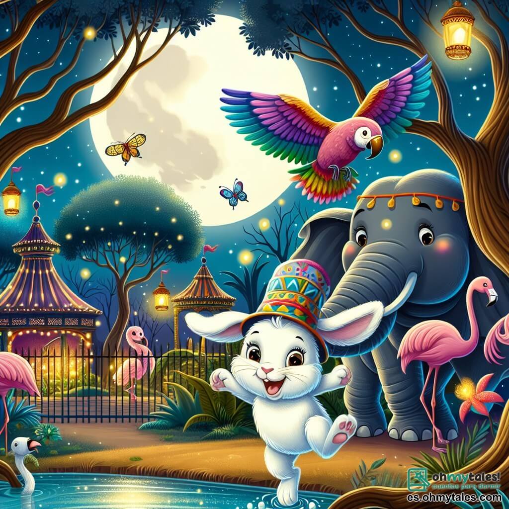 Ilustración que representa un viejo zoológico mágico, con recintos coloridos y árboles majestuosos, iluminado por la suave luz de la luna. En el centro, un pequeño conejo de grandes orejas, con pelaje blanco y sedoso, salta alegremente, sus ojos brillando de curiosidad. A su lado, una elefanta graciosa, con un sombrero colorido, sonríe agitando su trompa, mientras un loro de plumas brillantes se posa en una rama, con las alas abiertas, listo para volar. Juntos se dirigen hacia un estanque brillante donde los flamencos bailan, creando una atmósfera festiva y llena de vida. Las luciérnagas iluminan la escena, añadiendo un toque mágico a esta aventura nocturna llena de risas y descubrimientos.