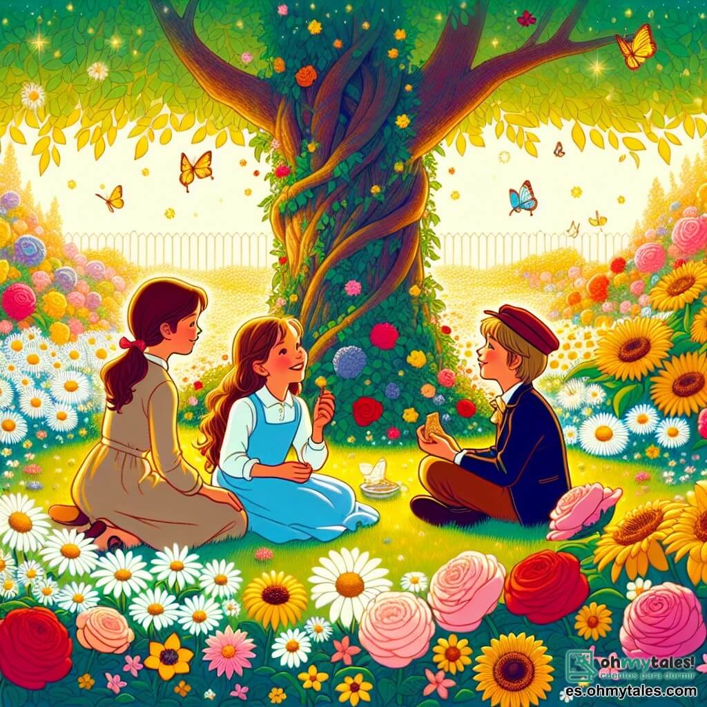 Ilustración que representa un hermoso jardín colorido, lleno de flores brillantes de todos los colores: margaritas blancas, rosas rojas y girasoles dorados, todo bañado por la suave luz del sol. En el centro, un gran árbol con exuberantes hojas verdes, con un tronco grueso y nudoso, parece susurrar secretos. En este jardín, tres amigos están reunidos: una niña de unos 8 años, con largos cabellos castaños y una sonrisa radiante, vestida con un vestido azul que danza con el viento. A su lado, un niño de 9 años, con una gorra roja, ojos brillantes y una cara juguetona, que sostiene un gofre en sus manos. Finalmente, un niño de 10 años, con cabello castaño y gafas, que se mantiene un poco al margen, pero con una mirada curiosa y maravillada. La escena principal muestra a los tres amigos sentados en círculo entre las flores, escuchando atentamente a una margarita antropomórfica que les habla, con expresiones de fascinación en sus rostros. Mariposas coloridas vuelan a su alrededor, añadiendo un toque de magia a la escena. Al fondo, los rayos de sol se filtran a través de las ramas del árbol, creando una atmósfera cálida y acogedora.