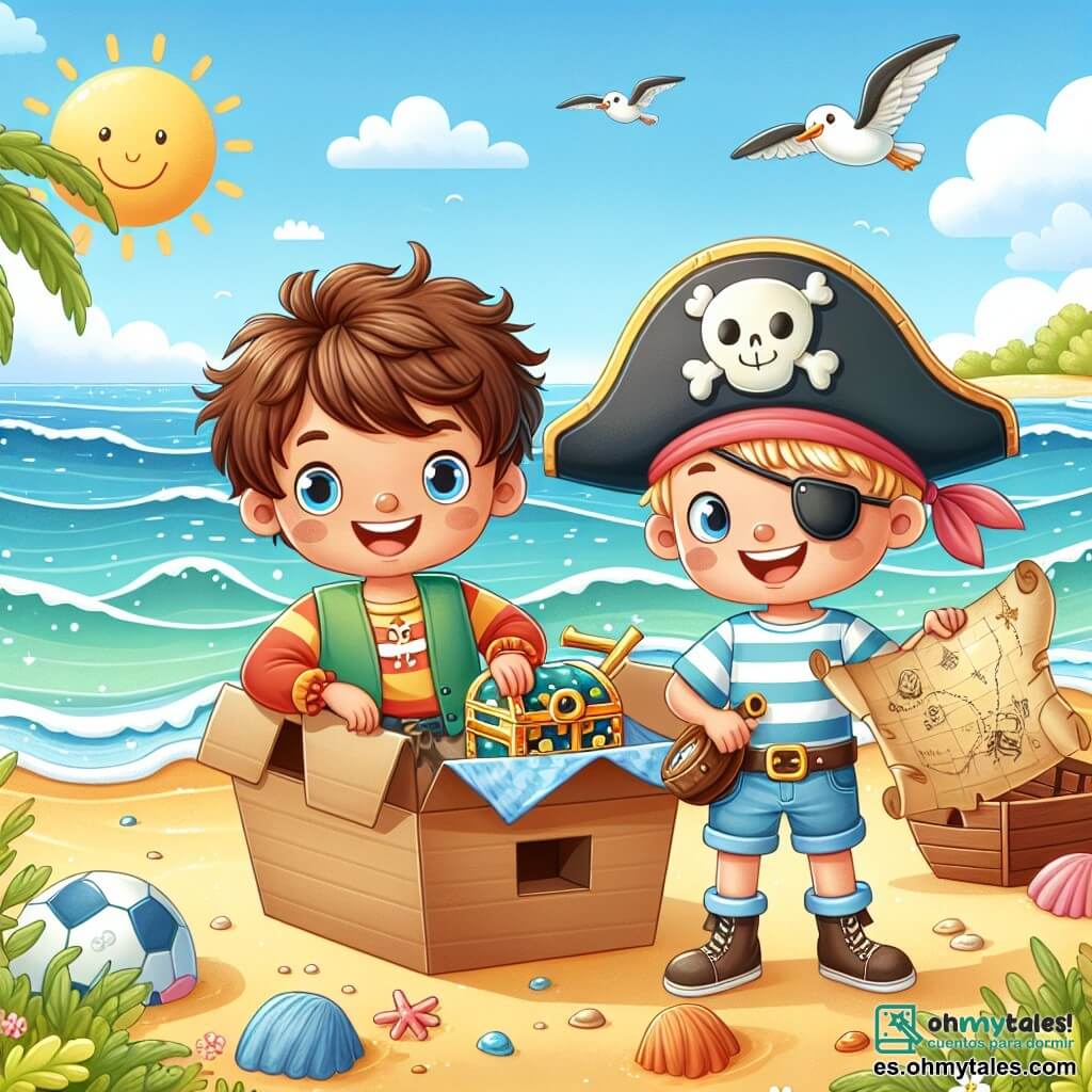 Une illustration sous forme de dessin destinée aux enfants représentant une plage ensoleillée avec des vagues douces et un ciel bleu, où un jeune garçon aventurier aux cheveux bruns ébouriffés, portant un chapeau de pirate et une chemise colorée, se tient joyeusement sur un bateau en carton décoré, tenant un vieux trésor en bois, tandis qu'à ses côtés, son ami, un garçon aux cheveux blonds et à la casquette de pirate, rit en tenant un vieux journal de pirate, tous deux prêts à partir à la recherche d'un trésor caché sur une île mystérieuse.