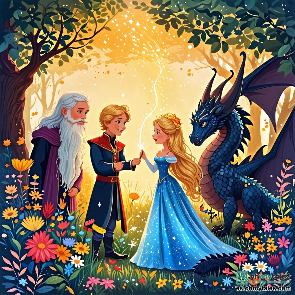 Une illustration sous forme de dessin destinée aux enfants représentant un jardin magique rempli de fleurs éclatantes et d'arbres scintillants, où une princesse courageuse aux cheveux longs et dorés, vêtue d'une robe bleue étincelante, brandit une varité magique pour créer une pluie d'étoiles, tandis qu'un dragon noir aux écailles brillantes, transformé en prince au visage doux et surpris, se tient à ses côtés, et un sage vieux conseiller avec une longue barbe blanche observe la scène avec admiration, le tout évoquant un moment de bravoure et de transformation dans un royaume enchanté.
