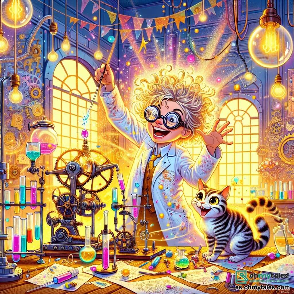 Illustration destinée aux enfants représentant un laboratoire coloré et chaotique, rempli de tubes à essai pétillants, de machines étranges et de papiers éparpillés, où les murs sont peints de couleurs vives et les fenêtres laissent entrer une lumière dorée. Au centre, une femme aux cheveux ébouriffés et aux grandes lunettes rondes, portant une blouse de laboratoire tachée de peinture, est en train de manipuler un arceau en métal brillant, avec un sourire d'excitation sur le visage. À ses côtés, un chat aux yeux pétillants et à la fourrure tigrée, s'amuse à jouer avec des engrenages qui roulent sur le sol. La scène capture le moment où la femme teste une machine farfelue pour faire voler son chat, avec des éclats de lumière et des bulles flottantes autour d'eux, créant une ambiance de magie et d'aventure.