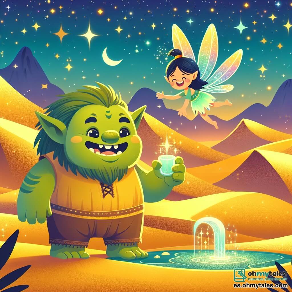 Une illustration sous forme de dessin destinée aux enfants représentant un vaste désert magique aux dunes dorées scintillantes sous un ciel étoilé, où un ogre gentil et souriant, avec une peau verte et des yeux pétillants, se tient joyeusement près d'un oasis caché, tenant une petite gobelet d'eau brillante, tandis qu'une fée délicate aux ailes colorées et au corps lumineux vole autour de lui, tous deux partageant un moment d'émerveillement et de complicité, symbolisant l'amitié et la magie des rêves réalisés.