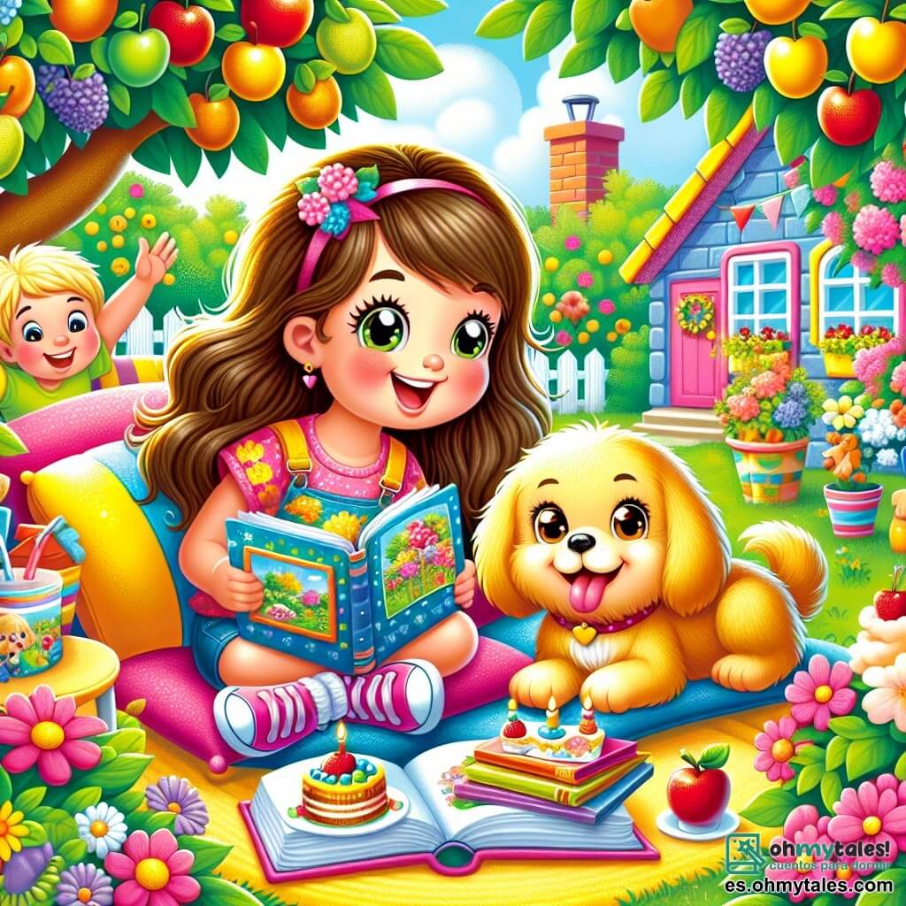 Ilustración que representa un jardín colorido y soleado, lleno de flores brillantes y árboles frutales con ramas cargadas de frutas jugosas. En el centro, una niña de cinco años, con largos cabellos castaños y ojos brillantes, está sentada sobre un cojín suave, rodeada de libros con cubiertas brillantes. A su lado, un perro dorado con un pelaje brillante, con una expresión alegre, la mira con cariño. La niña hojea un libro ilustrado, su rostro radiante de emoción, mientras que el perro parece impaciente por jugar. Al fondo, se ve una casa colorida, pintada en varios tonos vivos, que evoca una sensación de calidez y felicidad. Amigos de la niña, dos chicos y una chica, juegan a su alrededor, riendo y divirtiéndose, creando una atmósfera de camaradería y alegría. Hay pasteles y bebidas dispuestos en una pequeña mesa al lado, añadiendo un toque festivo a la escena. La imagen transmite un ambiente de amistad, apoyo y felicidad, ilustrando un momento de juego y compartir a pesar de los desafíos de la vida.