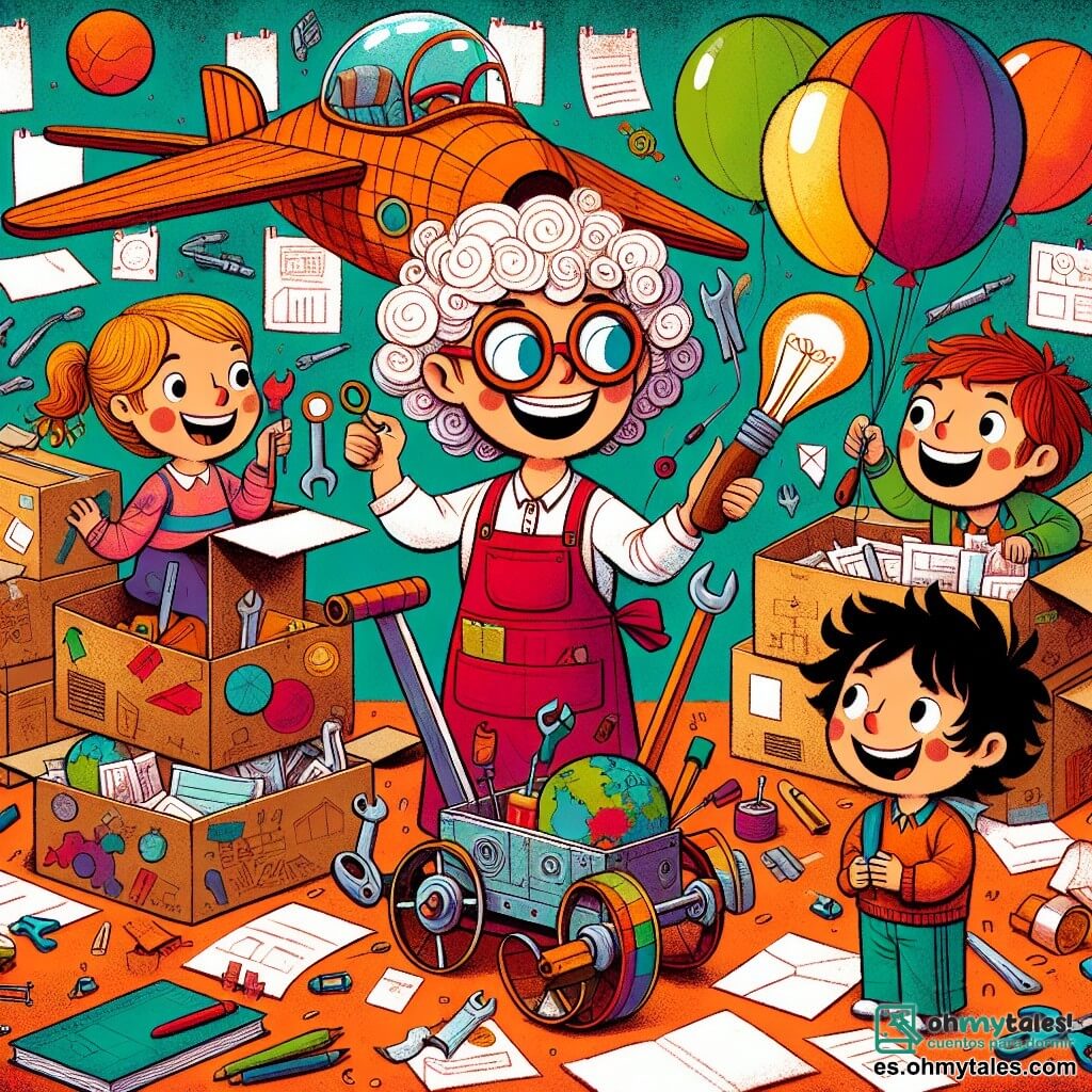 Une illustration sous forme de dessin destinée aux enfants représentant un atelier coloré rempli de boîtes, d'outils brillants et de papiers en désordre, où une femme aux cheveux bouclés et aux lunettes rondes, souriante et vêtue d'un tablier, est en train de travailler sur un coche volador fait de carton et de globes, entourée de trois enfants : un garçon aux cheveux bruns qui tient un ballon, une fille aux cheveux blonds qui regarde avec émerveillement, et un autre garçon aux cheveux noirs qui tient une clé à molette, tous riant et encourageant la femme dans sa tentative de faire voler son invention.