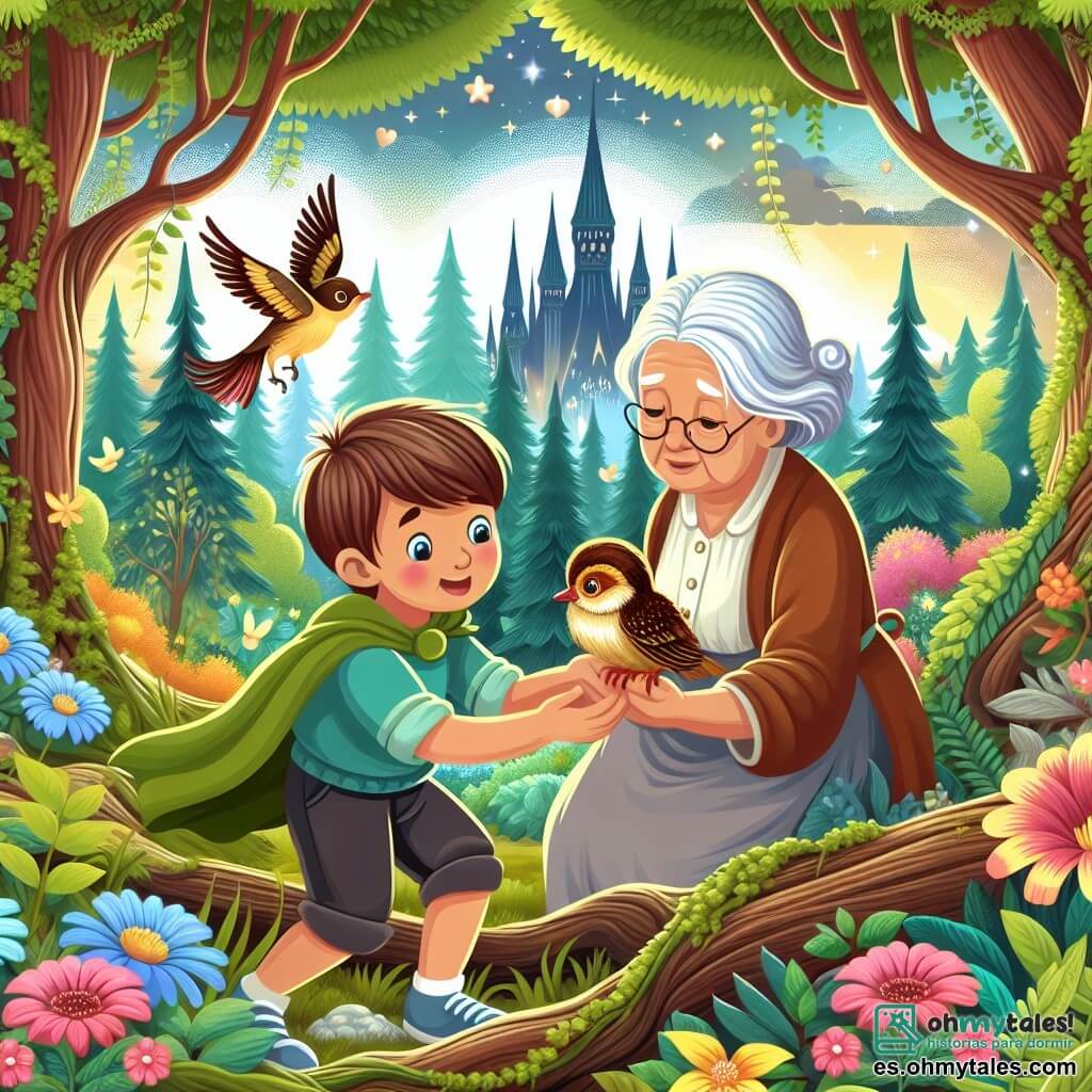 Une illustration destinée aux enfants représentant un petit garçon courageux sauvant un pajarito blessé avec l'aide bienveillante de sa grand-mère, dans un bois enchanté aux arbres majestueux et aux fleurs colorées.