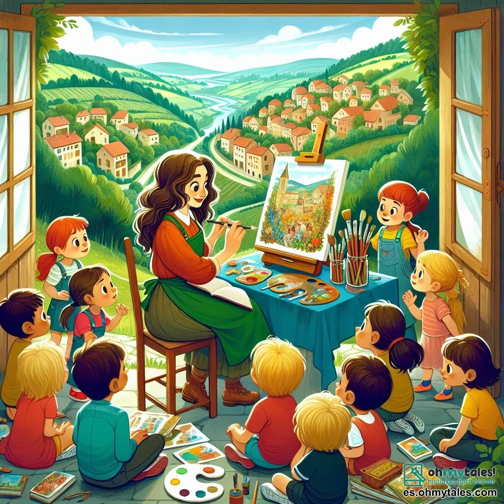 Une illustration destinée aux enfants représentant une artiste talentueuse, entourée d'enfants curieux, dans son atelier coloré perché sur une colline verdoyante du village d'Arcoíris.