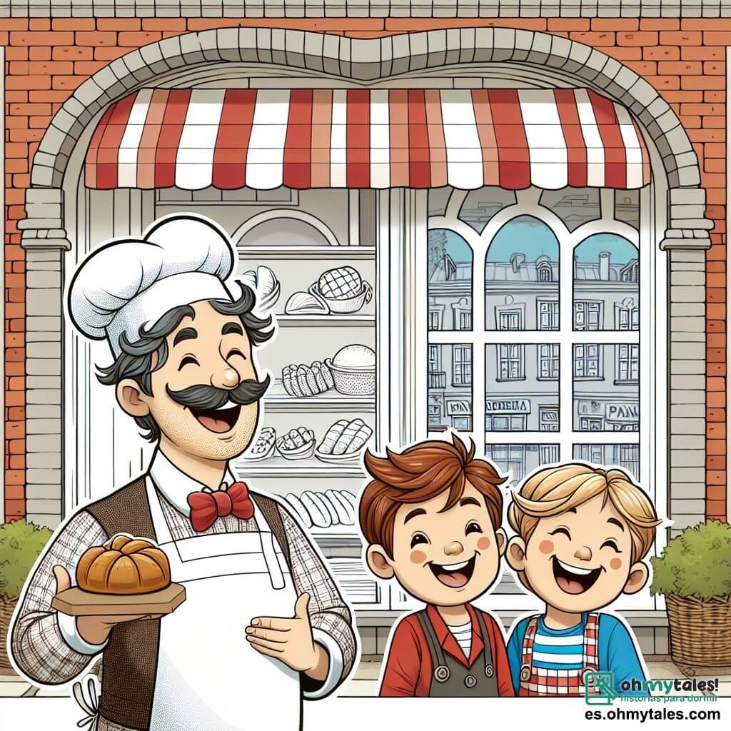 Une illustration destinée aux enfants représentant un boulanger passionné et souriant, un garçon curieux et une fille joyeuse, dans une charmante panadería aux murs en briques rouges et aux fenêtres ornées de rideaux à carreaux, située au cœur d'une ville animée.