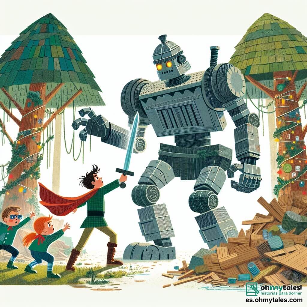 Une illustration destinée aux enfants représentant un enfant malicieux et courageux, aidé de ses frères et sœurs, luttant contre des robots géants dans un bosque enchanté construit avec des matériaux recyclés.