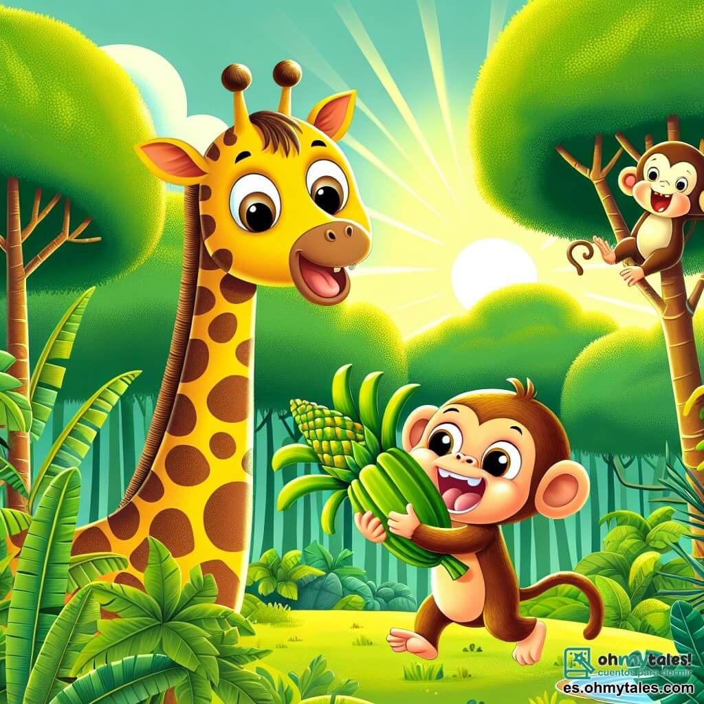 Une illustration sous forme de dessin destinée aux enfants représentant une jungle verdoyante et ensoleillée, avec une girafe au long cou tacheté de brun et de jaune, riant joyeusement en se secouant après avoir été éclaboussée par un platanos espiègle, tandis qu'un petit singe à la fourrure brune et aux yeux malicieux, perché sur une branche, tient le platanos dans ses mains avec un grand sourire, capturant l'instant amusant où ils tentent d'attraper le fruit qui a fait des vagues dans un petit étang.