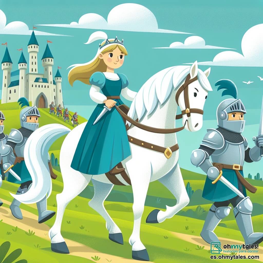 Une illustration destinée aux enfants représentant une chevalière courageuse chevauchant son corcel blanc à travers les champs verts d'un royaume enchanté, accompagnée de trois vaillants chevaliers, prêts à défendre le château du roi contre une armée ennemie menaçante.