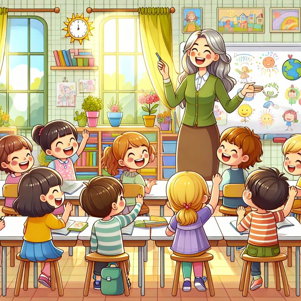 Une illustration destinée aux enfants représentant une institutrice bienveillante, entourée de sourires radieux, enseignant à une joyeuse classe d'enfants curieux, dans une salle de classe lumineuse et colorée remplie de dessins, de livres et de plantes.