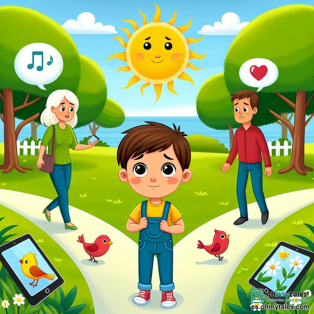 Une illustration destinée aux enfants représentant un garçon curieux face à un dilemme entre les écrans et la nature, accompagné de ses parents, dans un parc ensoleillé aux arbres verts et aux oiseaux chantants.