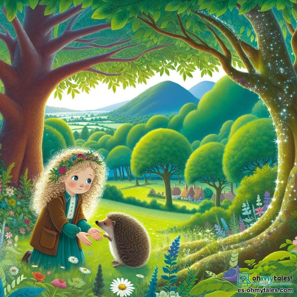 Une illustration destinée aux enfants représentant une jeune fille aux boucles d'or, passionnée par la nature, qui découvre un erizo en détresse dans un magnifique bosquet bordé de grands arbres aux feuilles chatoyantes, dans un village paisible entouré de collines verdoyantes et de prairies fleuries.