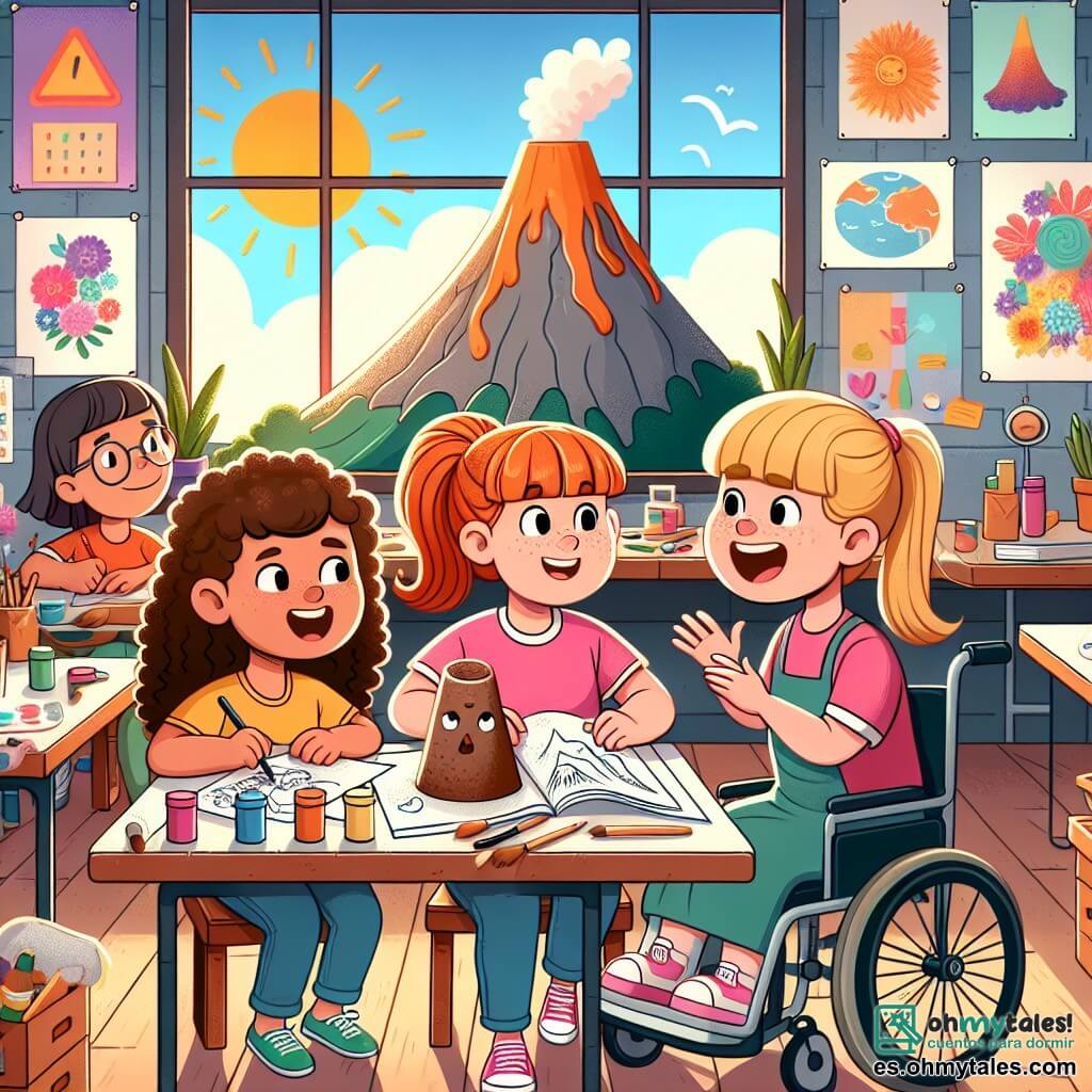 Ilustración que representa un aula colorida y animada, llena de carteles educativos en las paredes, escritorios de madera y una gran ventana que deja entrar la luz del sol. En el centro, tres niñas de unos 8 años están reunidas alrededor de una mesa, todas sonriendo y llenas de energía. Una de ellas, con cabello rizado y castaño, lleva una camiseta rosa y dibuja bocetos de volcanes en un gran papel. La segunda, con cabello liso y rubio, está modelando un volcán de papel maché, concentrada en su trabajo. La tercera, con cabello castaño y recogido en una coleta, está sentada en una silla de ruedas, sosteniendo un libro abierto y explicando con entusiasmo el funcionamiento de los volcanes a sus amigas. Al fondo, un volcán colorido de papel maché está listo para ser presentado, con botellas de pintura y pinceles esparcidos sobre la mesa, creando un ambiente alegre y colaborativo.