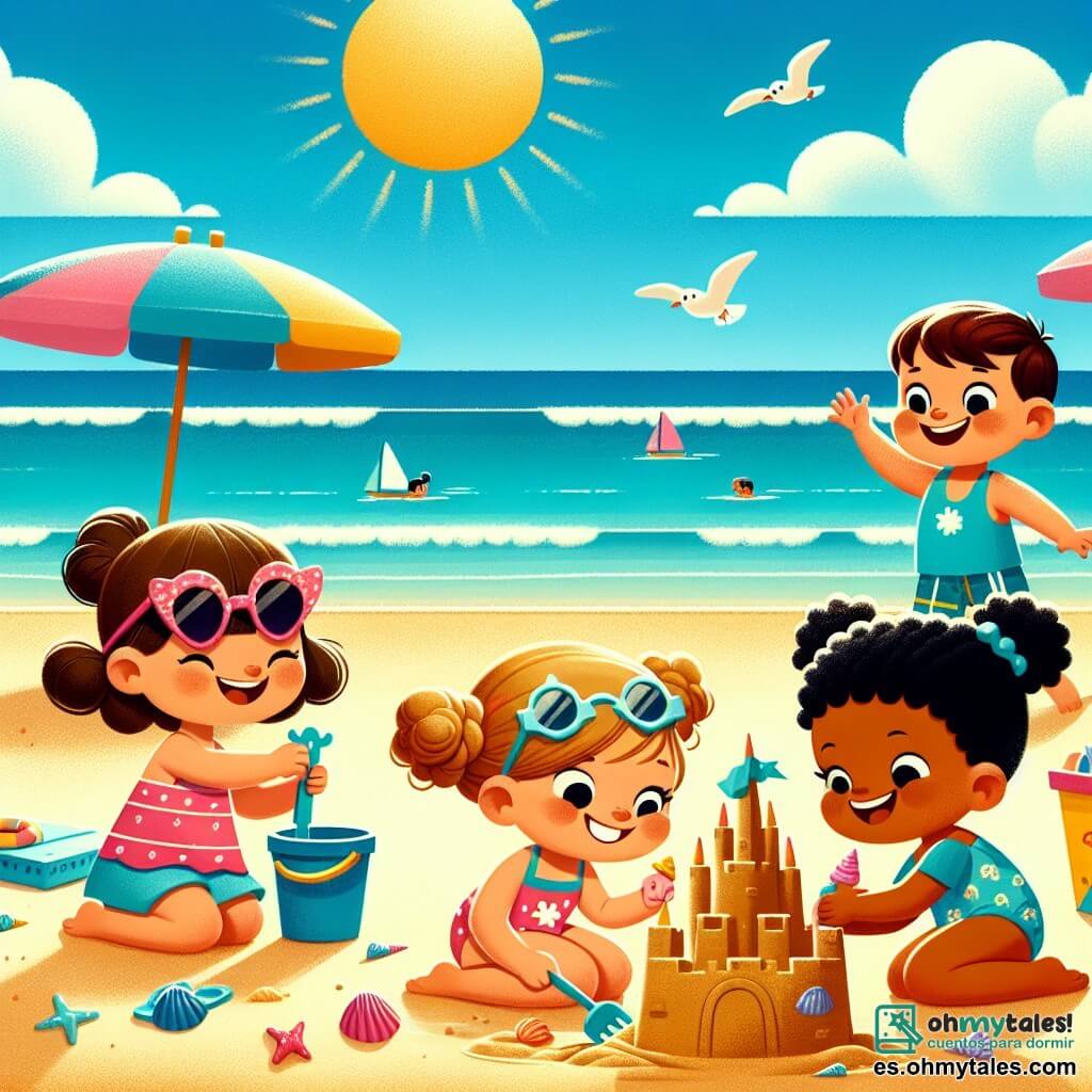 Ilustración que representa una playa soleada con arena dorada, olas turquesas que rompen suavemente en la orilla y sombrillas de colores que bailan al viento. En primer plano, tres niñas de aproximadamente 8 años están construyendo un gran castillo de arena. Una de ellas, con cabello castaño y gafas de sol rosas, sonríe mientras sostiene un cubo. Otra, con cabello rubio y rizado, está agachada, añadiendo conchas al castillo. La última, con cabello negro y una trenza, levanta los brazos emocionada por su creación. Al fondo, un niño de unos 9 años, con cabello castaño y un bañador azul, se une a ellas con una gran sonrisa, listo para ayudar. El cielo es de un azul brillante, salpicado de algunas nubes blancas, y gaviotas vuelan arriba, añadiendo vida a esta alegre escena de verano.