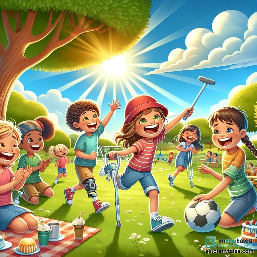 Ilustración que representa un parque soleado, con un cielo azul brillante y nubes blancas esponjosas. En el centro, un gran árbol ofrece sombra, rodeado de vegetación exuberante y un área de juegos animada. Un niño de unos 10 años, con cabello rizado y una gorra roja, corre alegremente sosteniendo una pelota en sus manos. A su lado, un niño de 10 años, que usa muletas, sonríe mientras lanza la pelota con fuerza. Una niña de 9 años, con largos cabellos trenzados, aplaude con entusiasmo, mientras que otro niño de 9 años, con dientes blancos brillantes, se prepara para atrapar la pelota corriendo. La escena captura un momento de camaradería y alegría, donde los amigos juegan juntos, ilustrando la importancia de la inclusión y la amistad. Pasteles y bebidas están colocados sobre una manta cercana, añadiendo un toque de convivialidad a la atmósfera. Risas y sonrisas iluminan los rostros de los niños, simbolizando la magia de la amistad más allá de las diferencias.