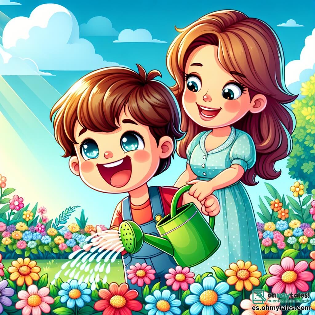 Une illustration sous forme de dessin destinée aux enfants représentant un jardin coloré en pleine floraison, avec un garçon de 3 ans aux cheveux châtains et aux yeux pétillants, riant joyeusement en arrosant des fleurs avec une petite arrosoir verte, tandis qu'une femme souriante aux cheveux longs et bruns, habillée d'une robe légère, l'observe et l'encourage avec tendresse, le tout sous un ciel bleu clair parsemé de nuages blancs duveteux, symbolisant la magie et la beauté de la saison printanière.