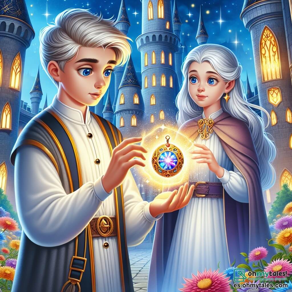 Une illustration destinée aux enfants représentant un jeune apprenti sorcier aux pouvoirs magiques découvrant un amulette brillant, accompagné d'une sage ancienne femme aux cheveux argentés, dans une Académie de Magie majestueuse avec des tours en spirale et des jardins enchantés remplis de fleurs multicolores.