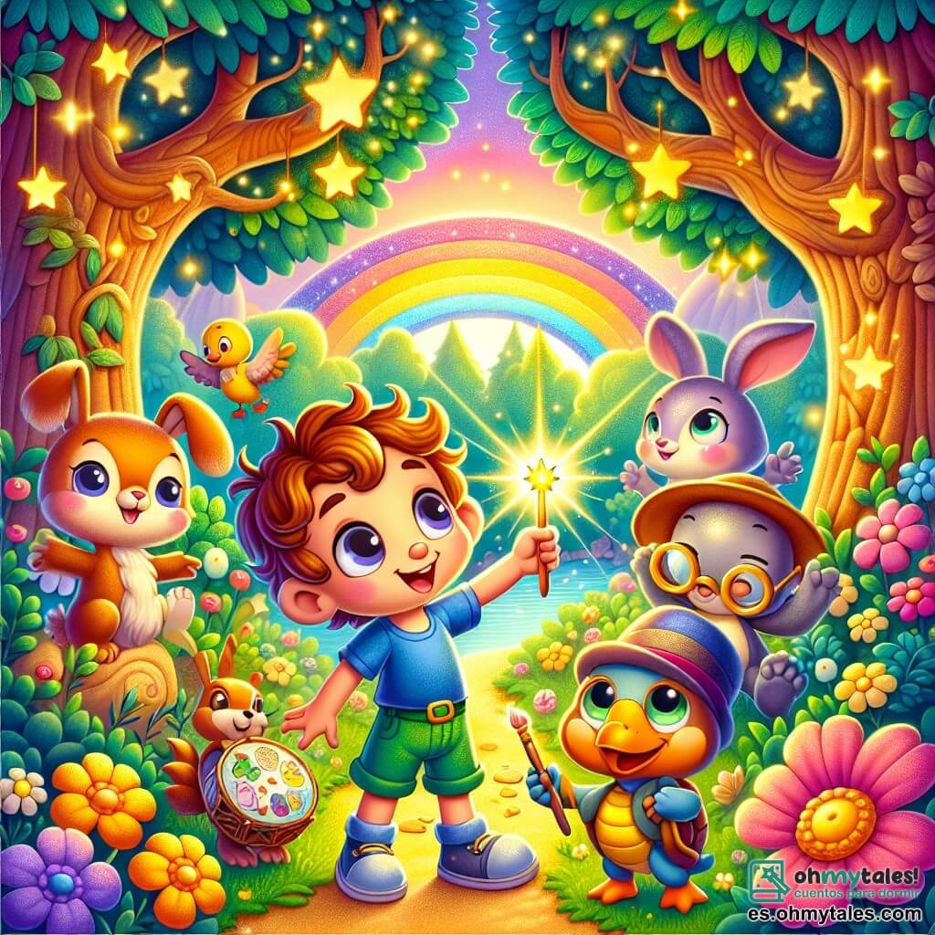 Une illustration sous forme de dessin destinée aux enfants représentant un magnifique forêt enchantée, avec des arbres hauts aux feuilles colorées et des fleurs éclatantes, où un garçon de 5 ans aux cheveux bruns et bouclés, portant un t-shirt bleu et un short vert, se tient joyeusement au centre, tenant une petite boîte dorée qui émet une lumière magique ; autour de lui, un groupe d'amis fantastiques, dont un petit lapin aux lunettes rondes qui ajuste ses lunettes, un canard portant un chapeau haut de forme, et une tortue avec un tambour, tous souriants et prêts à partir à l'aventure pour récupérer des peintures volées par un dragon, avec un arc-en-ciel brillant se dessinant en arrière-plan.