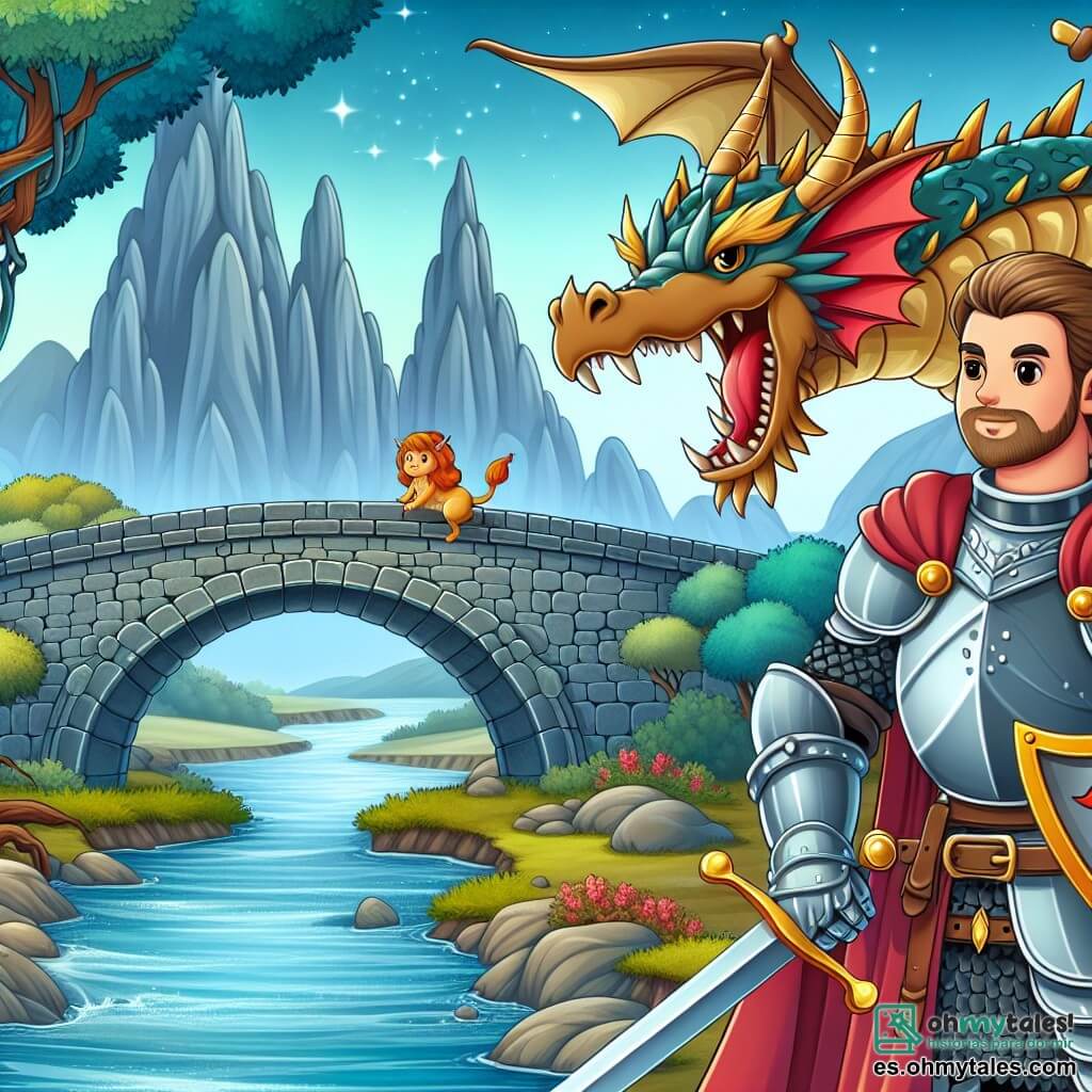 Une illustration destinée aux enfants représentant un courageux chevalier, un dragon féroce, et un pont en pierre surplombant une rivière scintillante, dans le royaume enchanté de Castillia.