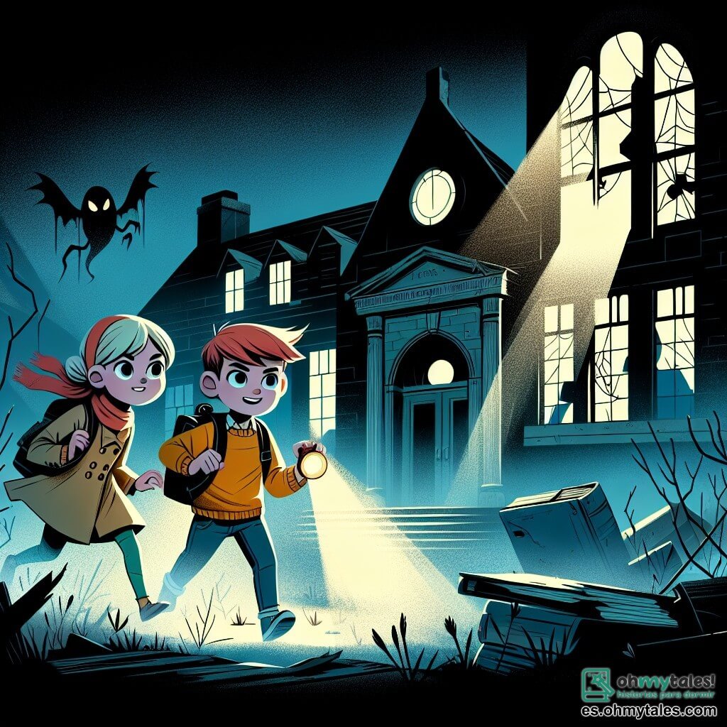 Une illustration destinée aux enfants représentant un garçon intrépide explorant une école abandonnée hantée par des ombres menaçantes, accompagné d'une fille mystérieuse aux yeux brillants, dans un lieu recouvert de poussière et de toiles d'araignée, aux fenêtres brisées laissant filtrer une lumière fantomatique.
