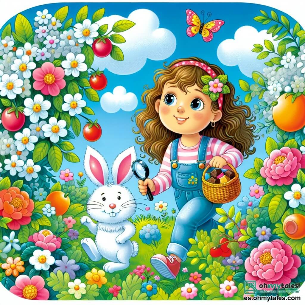 Une illustration destinée aux enfants représentant une jeune fille passionnée par la recherche de chocolats, accompagnée d'un lapin blanc aux oreilles roses, explorant un jardin luxuriant rempli de fleurs colorées et d'arbres fruitiers en fleurs, sous un ciel bleu parsemé de petits nuages blancs.
