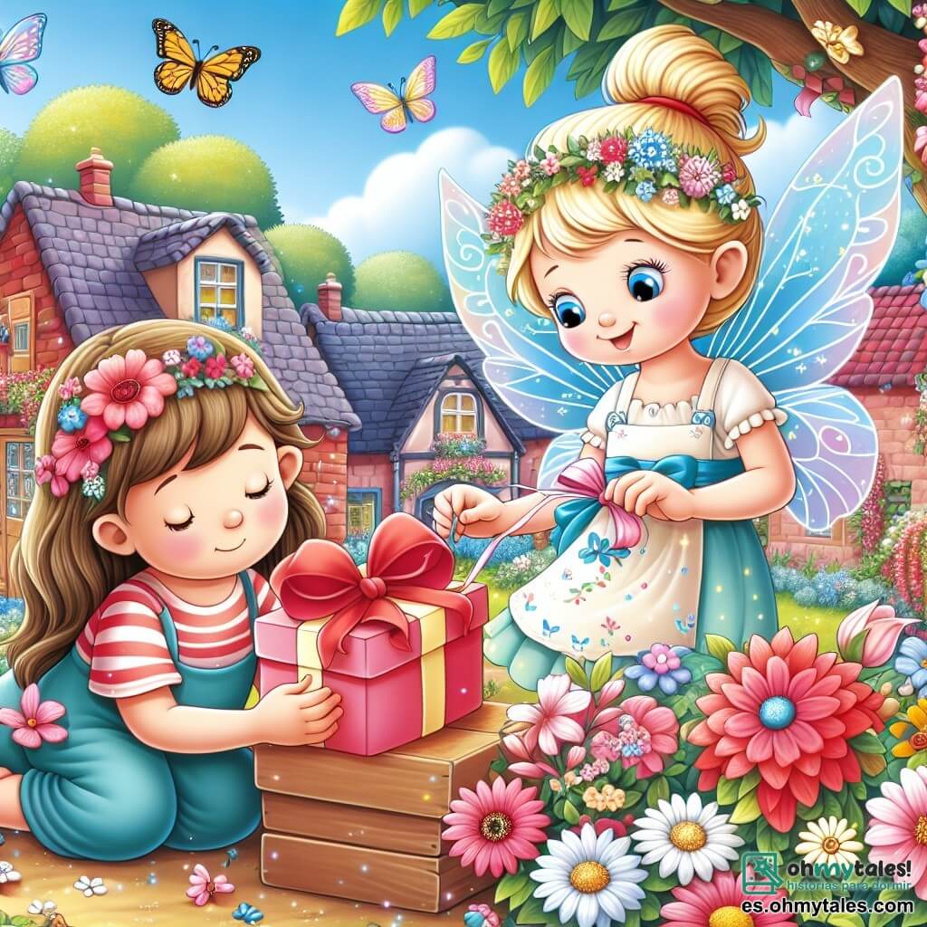 Une illustration destinée aux enfants représentant une fillette préparant un cadeau spécial pour sa maman, avec l'aide d'une gentille fée aux ailes scintillantes, dans un petit village coloré rempli de fleurs et de papillons.