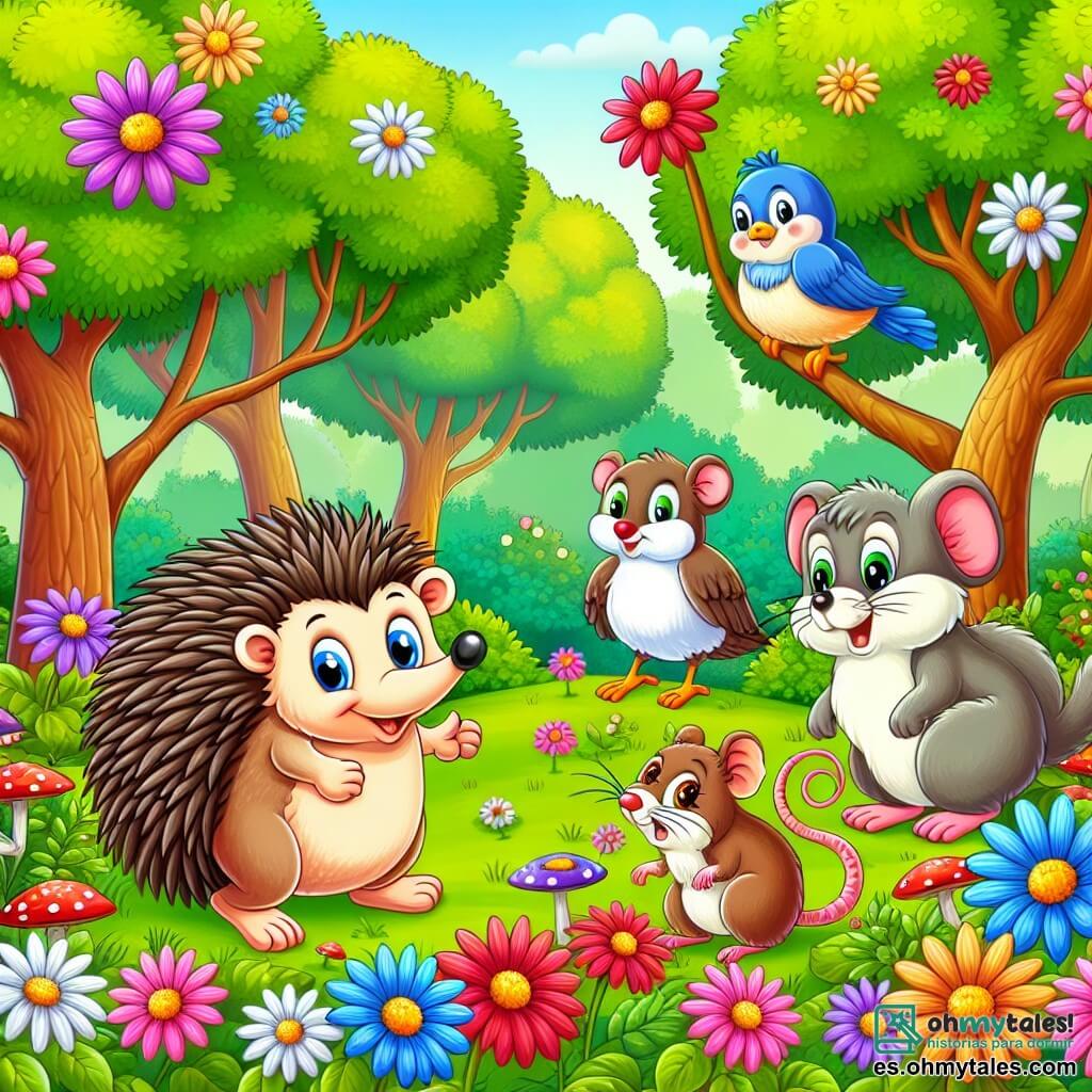 Une illustration destinée aux enfants représentant un hérisson malicieux, un oiseau joyeux, une souris effrayée et une ardilla astucieuse, évoluant dans un bosquet enchanté aux arbres touffus et aux fleurs multicolores.
