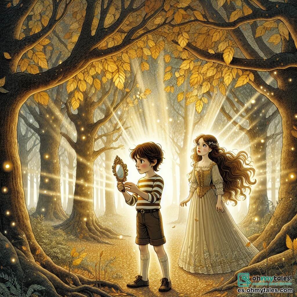 Une illustration sous forme de dessin destinée aux enfants représentant un vaste et mystérieux forêt aux arbres majestueux aux feuilles dorées, où un garçon de 11 ans aux cheveux châtains et aux yeux pétillants, portant un t-shirt rayé et un short, tient un petit miroir brillant dans ses mains, contemplant son reflet, tandis qu'à ses côtés, une fille aux cheveux longs et bouclés, vêtue d'une robe légère, l'observe avec curiosité, tous deux plongés dans une réflexion profonde sur leurs rêves et leurs émotions, entourés de rayons de soleil filtrant à travers les branches, créant une atmosphère magique et contemplative.