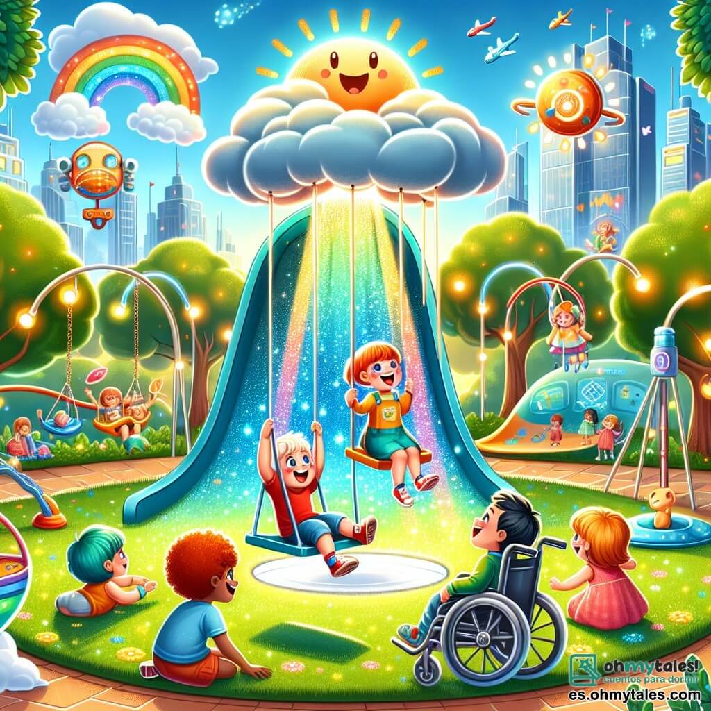 Ilustración que representa un parque mágico en una ciudad futurista, donde los árboles tienen hojas de colores y cantan melodías suaves. En el centro, un gran tobogán en forma de nube desciende hacia un suelo de hierba brillante, rodeado de juegos voladores iluminados por luces vivas. Un niño de cuatro años, con una camiseta roja y pantalones cortos, ríe mientras se mece en un columpio flotante en el aire. A su lado, una niña de cuatro años, con cabello rizado brillante como el sol, sonríe esperando su turno. Un niño en silla de ruedas, con una gran sonrisa y ojos chispeantes, los observa con entusiasmo, listo para unirse a ellos. La escena captura el momento en que los amigos descubren que el parque ha perdido su energía, con un pequeño robot triste en el suelo, rodeado de juegos apagados. Rayos de sol iluminan el parque, mientras los amigos se reúnen para ayudar al robot a devolver la vida a los juegos, simbolizando la amistad y la solidaridad.