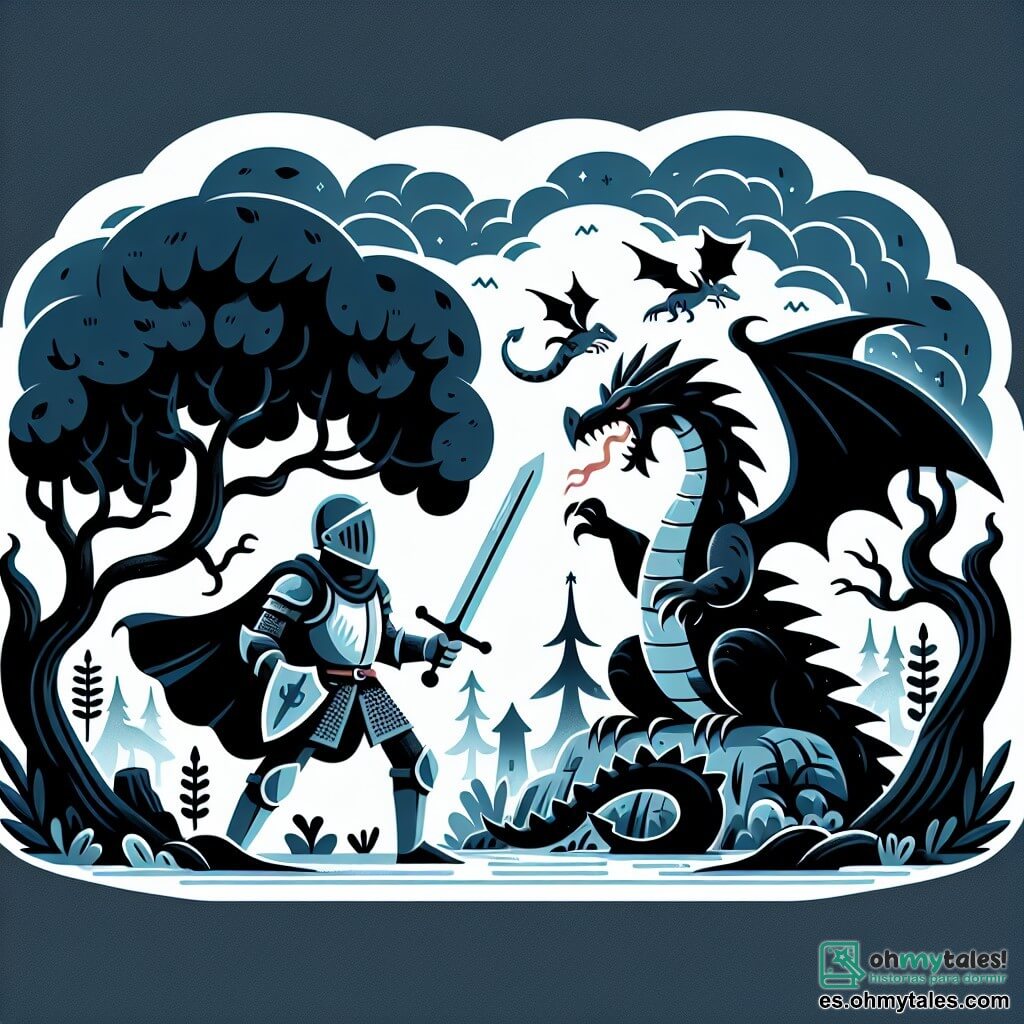 Une illustration destinée aux enfants représentant un courageux chevalier, un dragon féroce, et un sombre bosquet enchanté où se déroule une bataille épique.